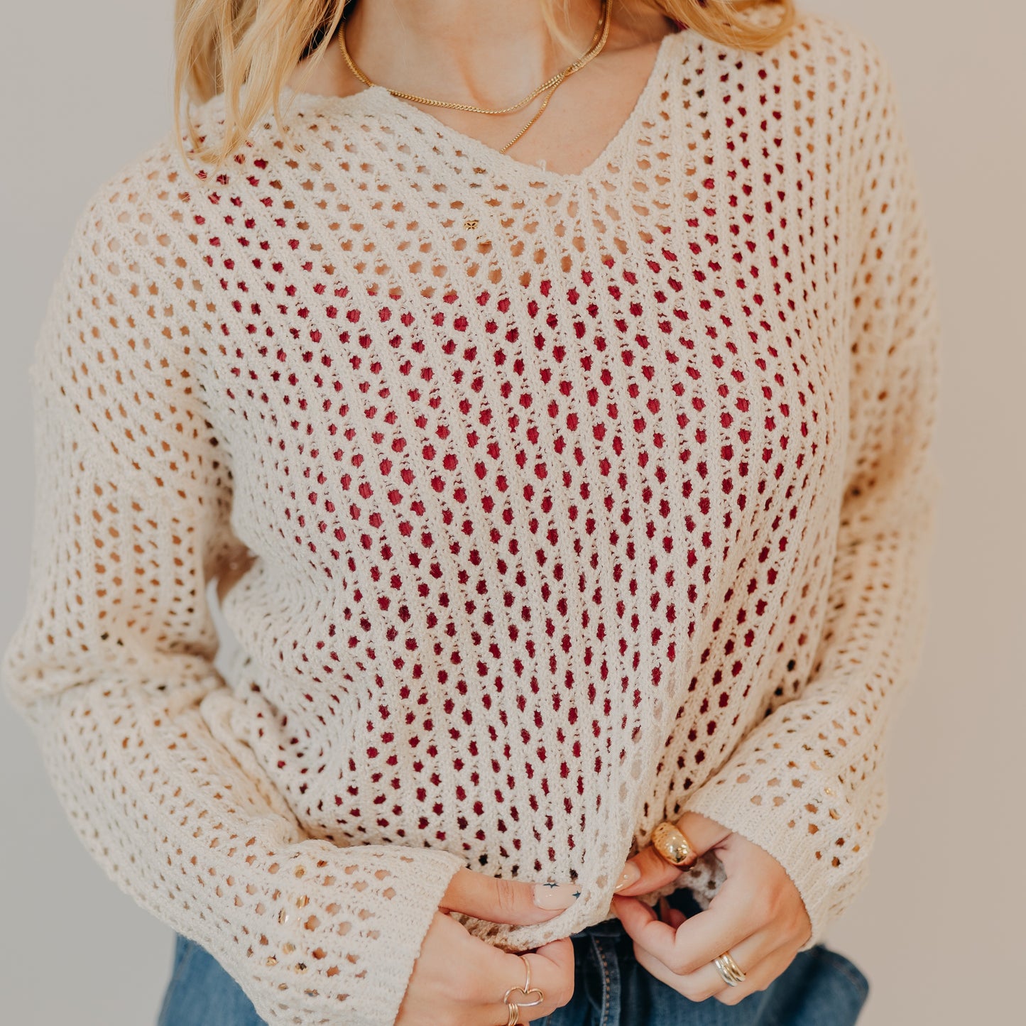 Doe & Rae | Split V-Neck Sweater | Cream