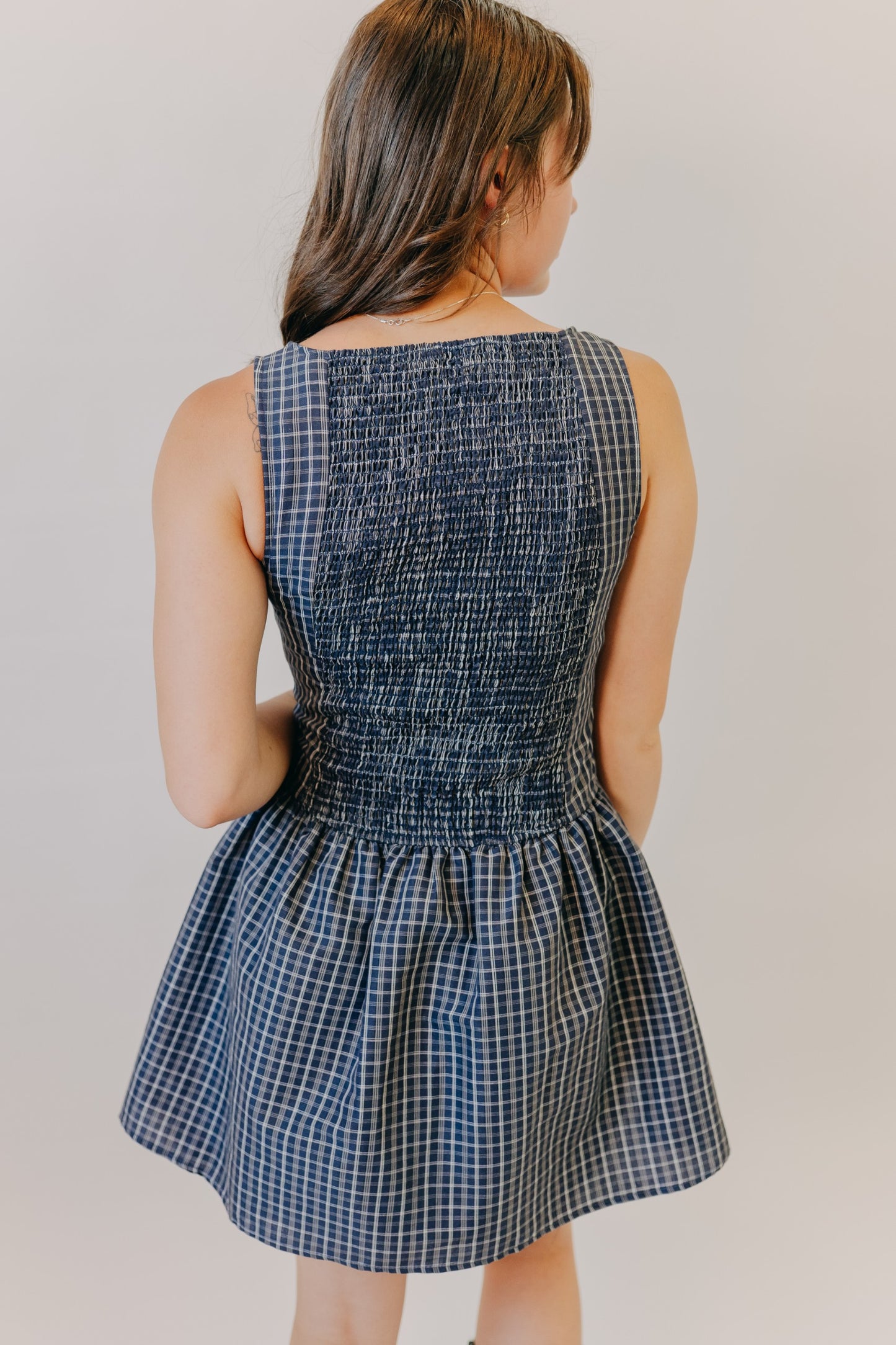 Blu Pepper | Plaid Boat Neck Mini Dress | Navy Multi