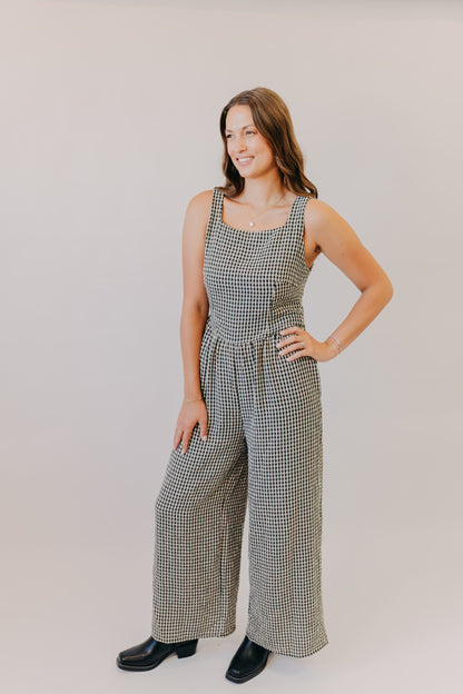 Miou Muse | Gingham Tie in Back Jumpsuit | Black