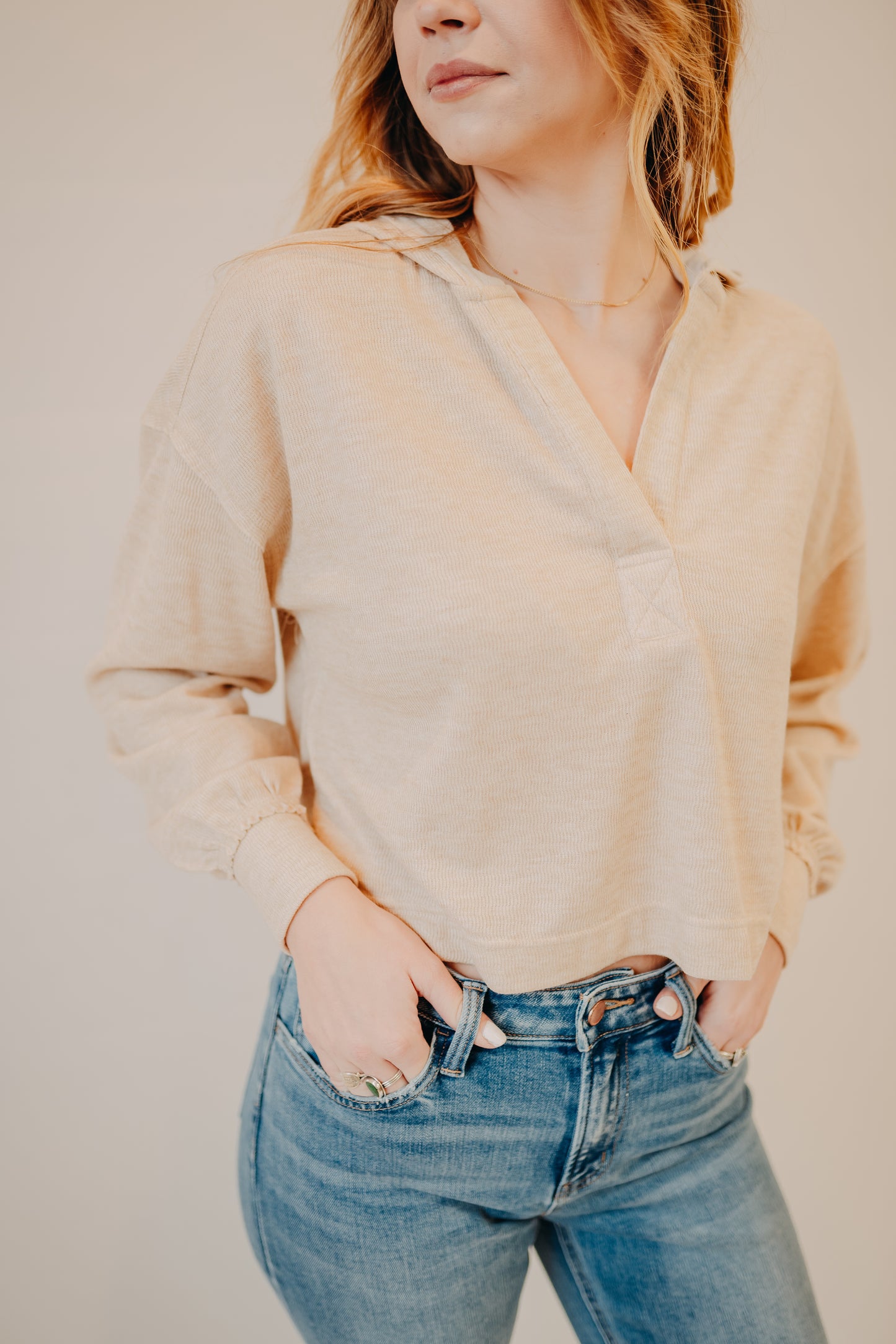 Blu Pepper | Hooded Split Neck Top | Taupe