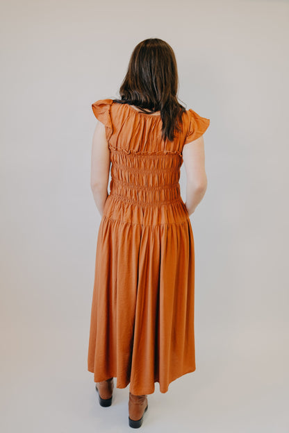 Blu Pepper | Shirred Bodice Ruffle Sleeve Midi Dress | Rust