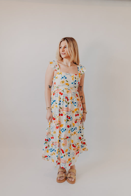 Blu Pepper | Picnic Motif Ruffle Strap Maxi Dress