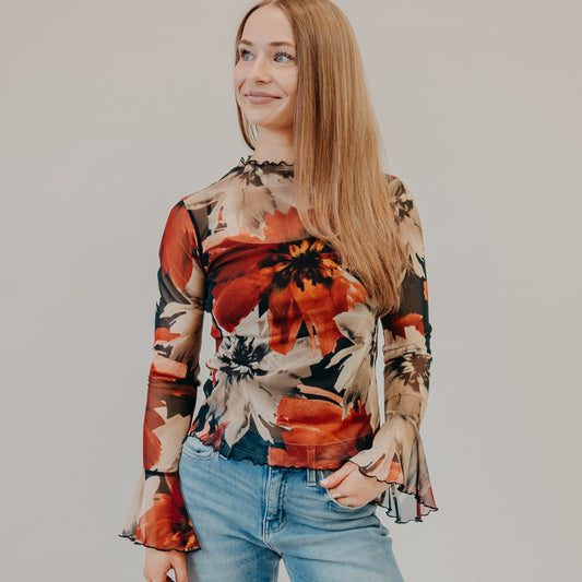 Gilli | Flare Long Sleeve Floral Top | Black Multi-Floral