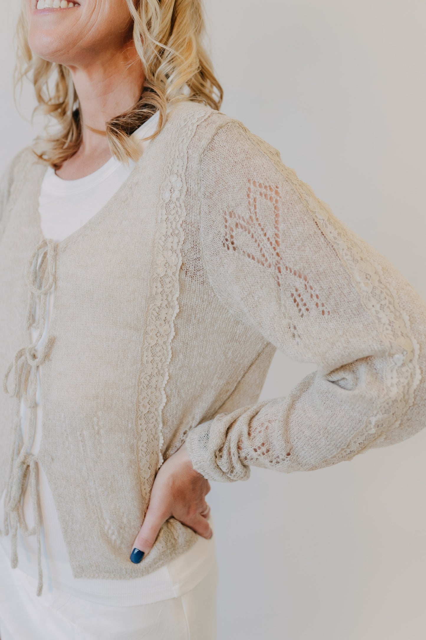 Miou Muse | Lace Contrasted Tie Front Cardigan | Straw