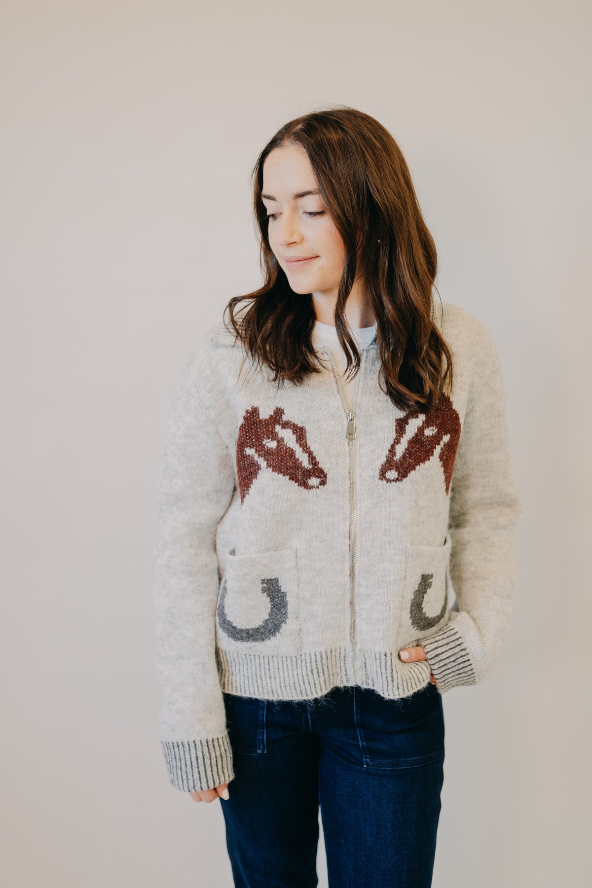 Blu Pepper | Western Jacquard Collared Cardigan | Heather Grey