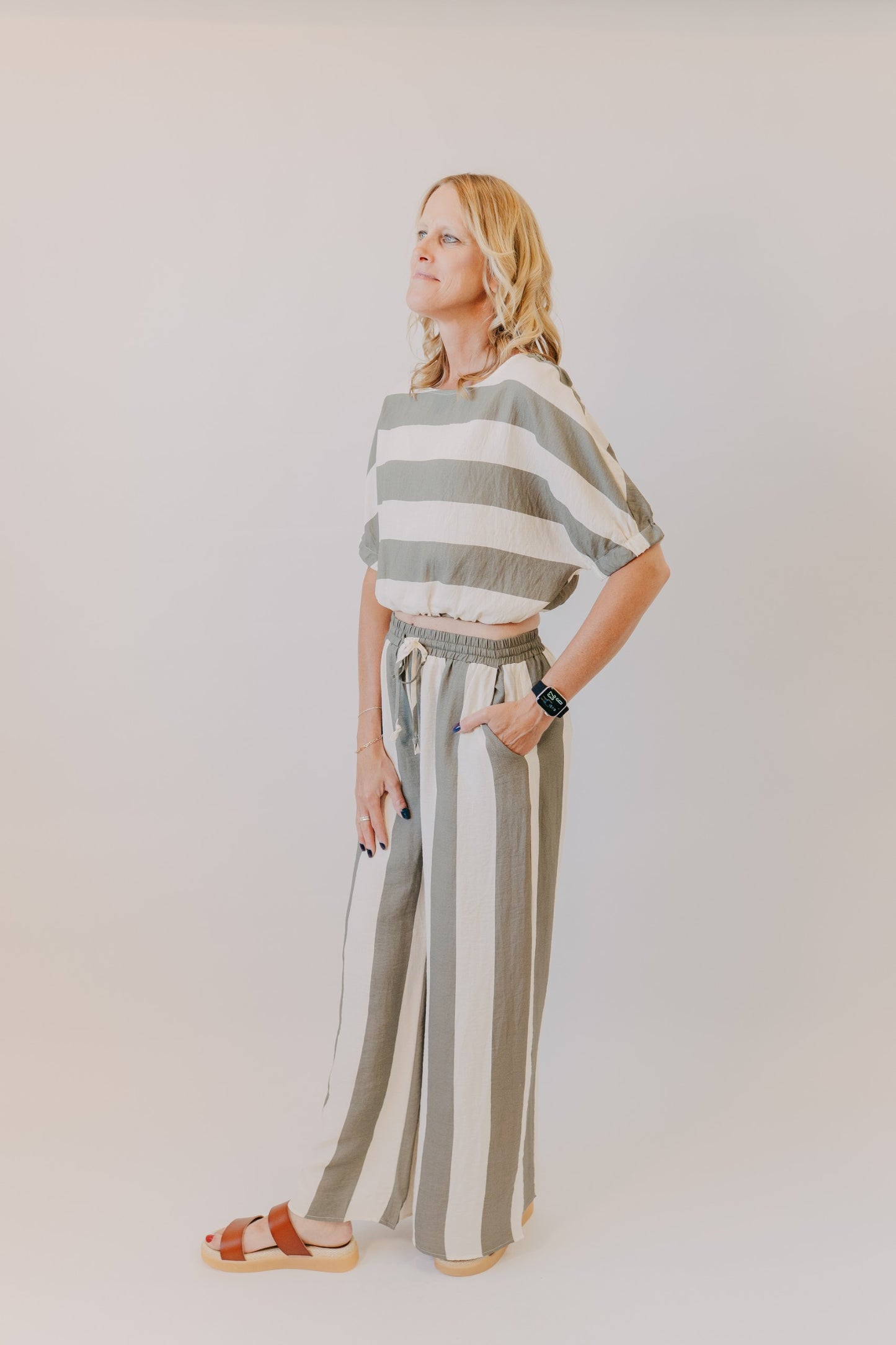 Miou Muse | Wide Striped Wide Leg Trousers | Olive