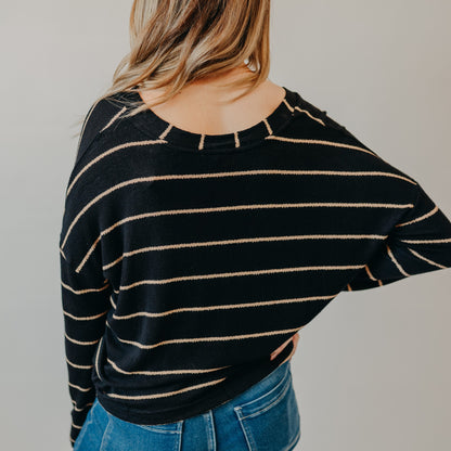 Blu Pepper | Striped V-Neck Drop Shoulder Top | Black