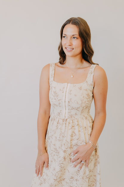 Blu Pepper | Floral Toile Midi Dress | Oatmeal
