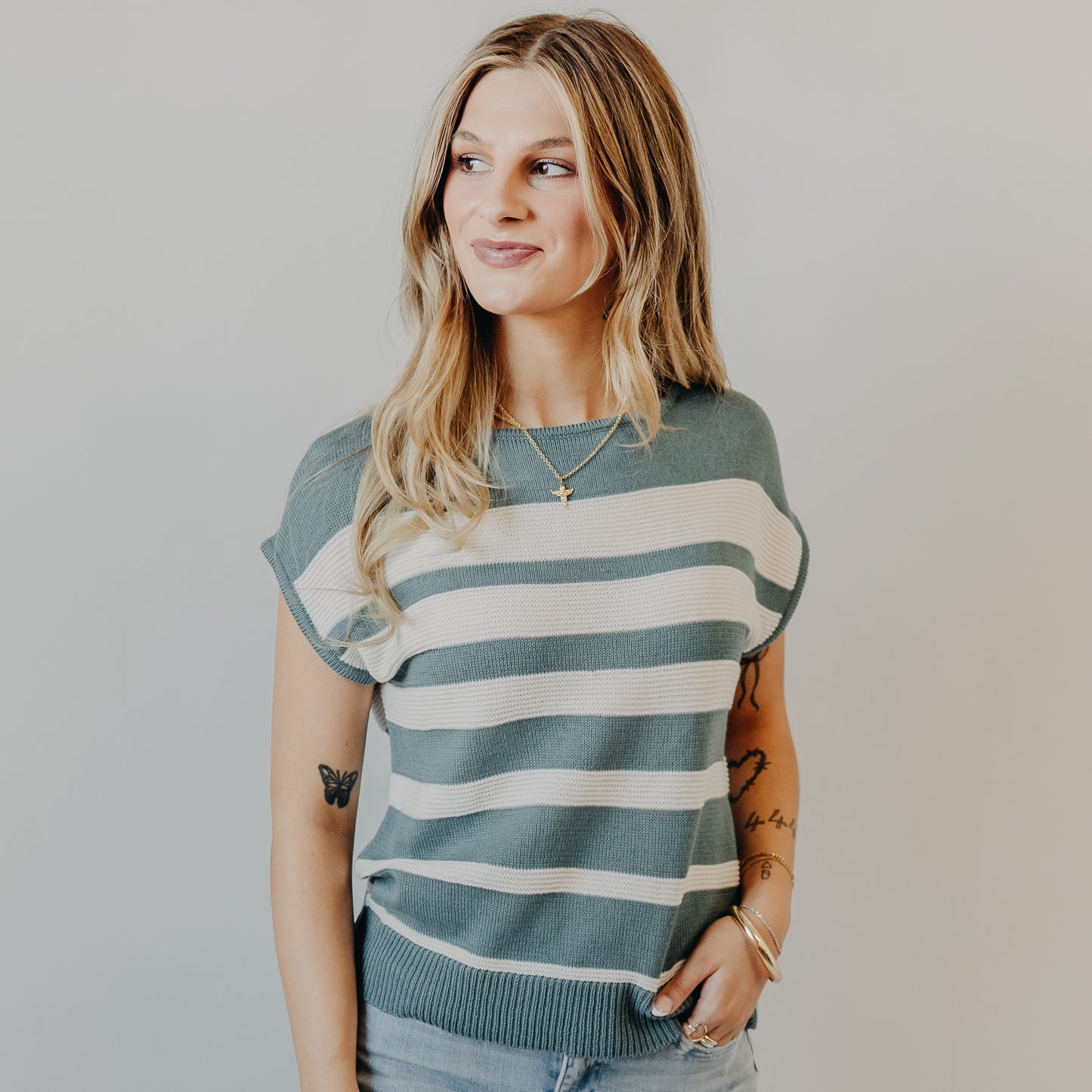 Staccato | Striped Pointelle Sweater | Slate Blue