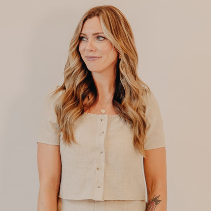 Gilli | Lace Trim Button Up Top | Oatmeal