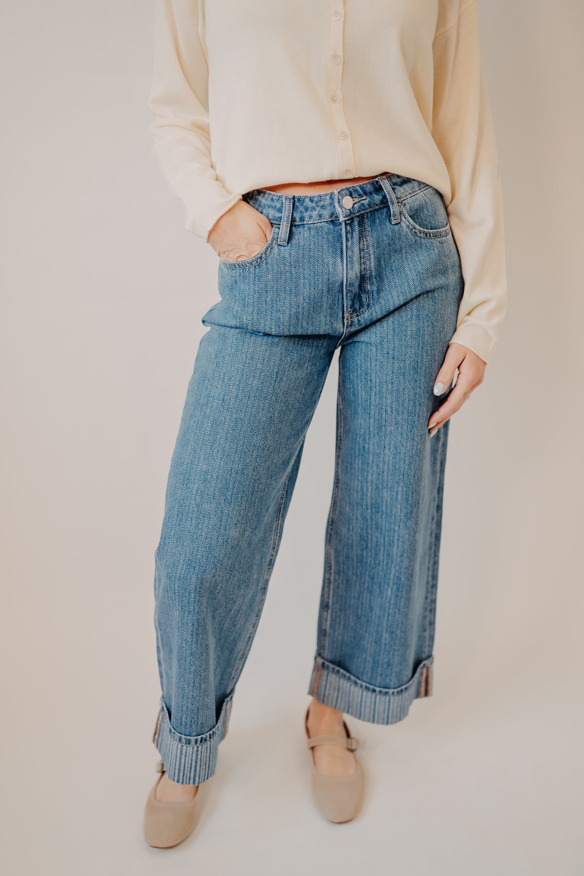 Vervet | High Rise Jacquard Stripe Cuff Wide | Nostalgic