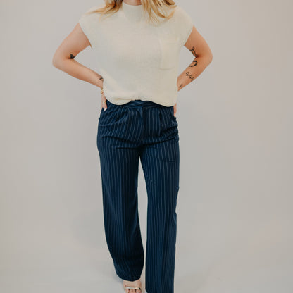 Blu Pepper | Pinstripe Pleated Wide Leg Dress Pants | Navy