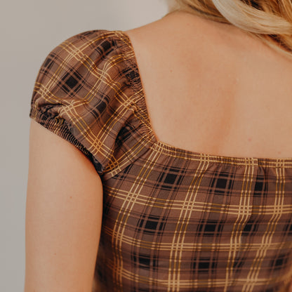 Blu Pepper | Plaid Lace Trim Dress | Brown Multi