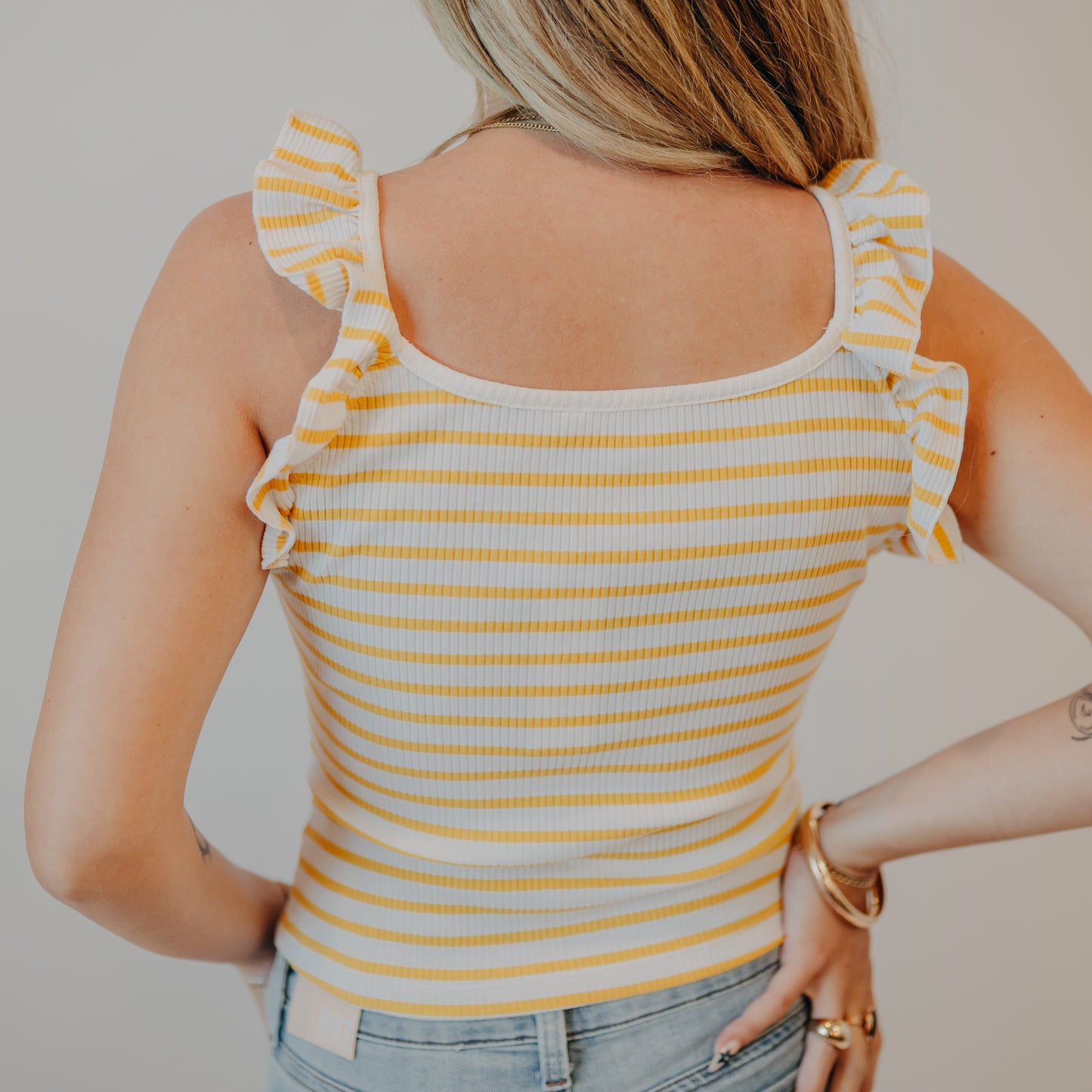 Doe & Rae | Stripe Square Neck Ruffle Tank | Off White Corn