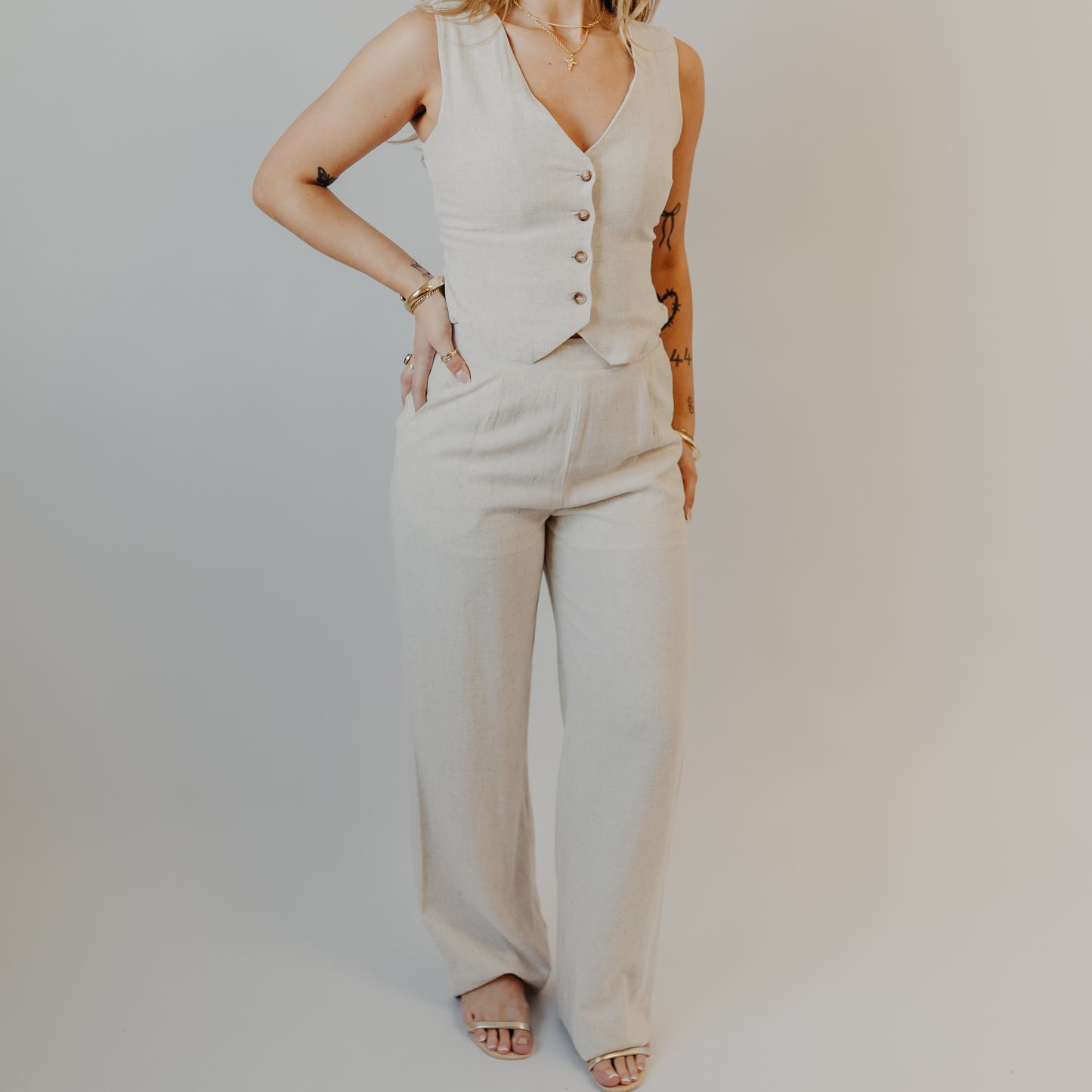 Blu Pepper | High Waist Wide Leg Linen Pants | Oatmeal