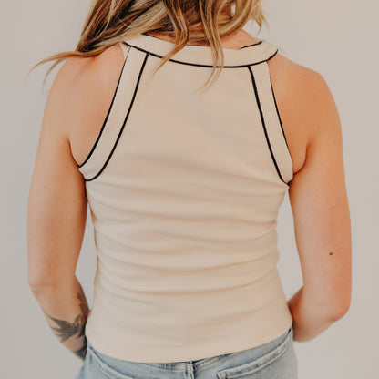 Doe & Rae | Rib Crew Contrast Piping Tank | Lt Beige