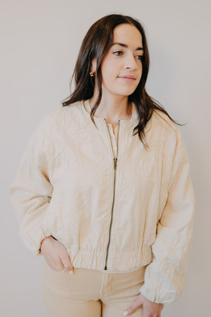 Miou Muse | Floral Jacquard Zip Up Jacket | Ecru