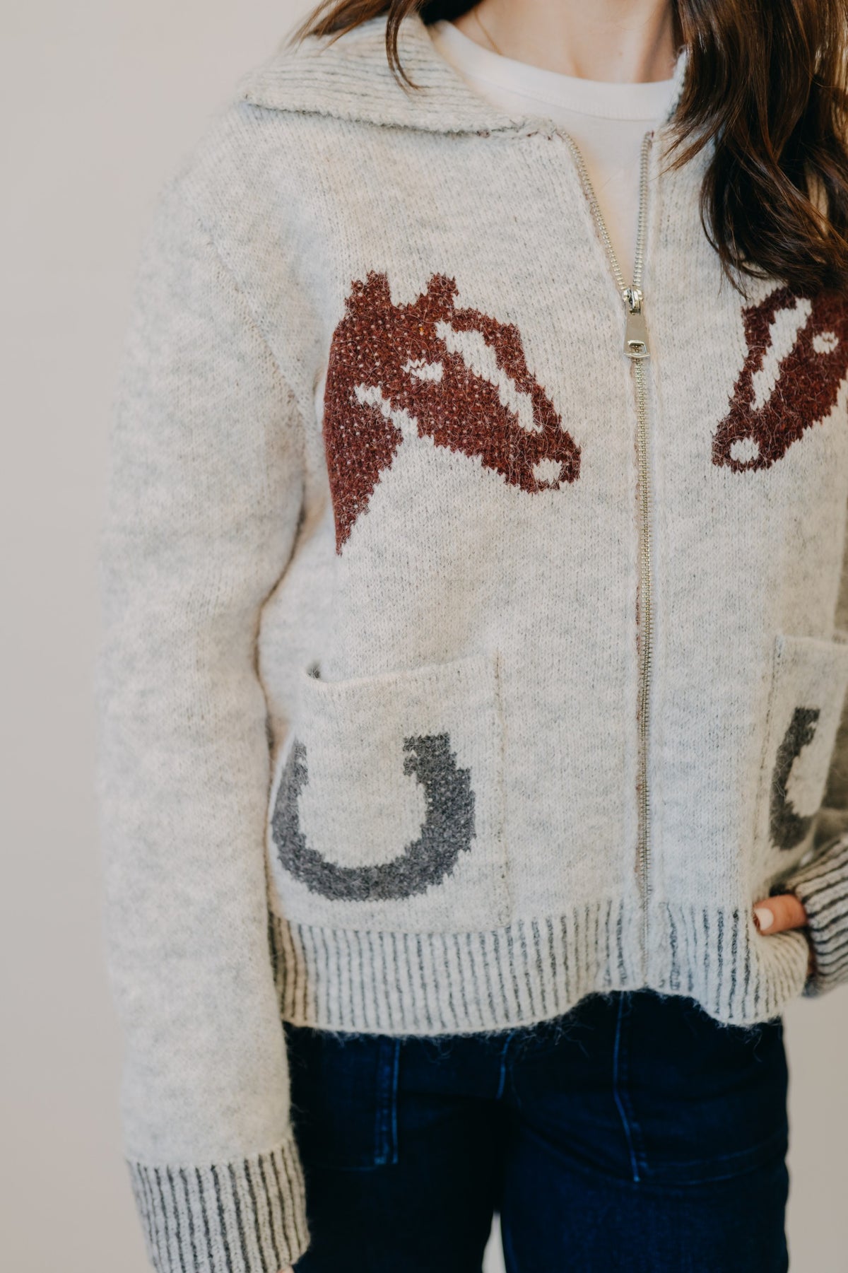 Blu Pepper | Western Jacquard Collared Cardigan | Heather Grey
