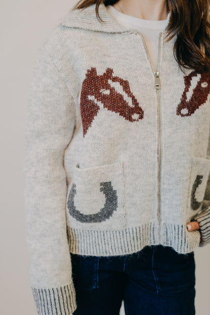 Blu Pepper | Western Jacquard Collared Cardigan | Heather Grey