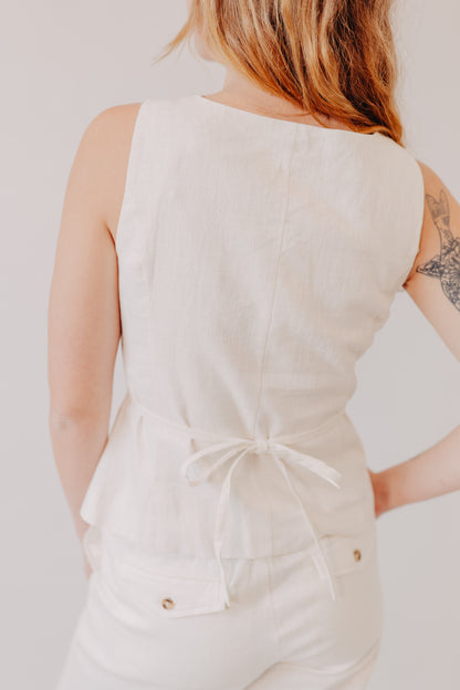 Miou Muse |  Square Neck Sleeveless Vest  Button Front | White