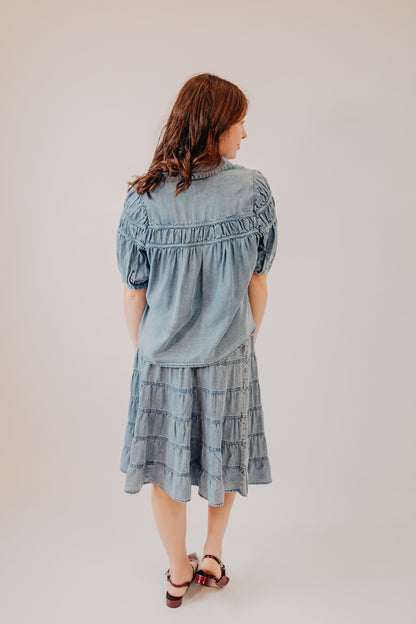 Doe & Rae | Tencel Chambray Midi Skirt | Med Denim