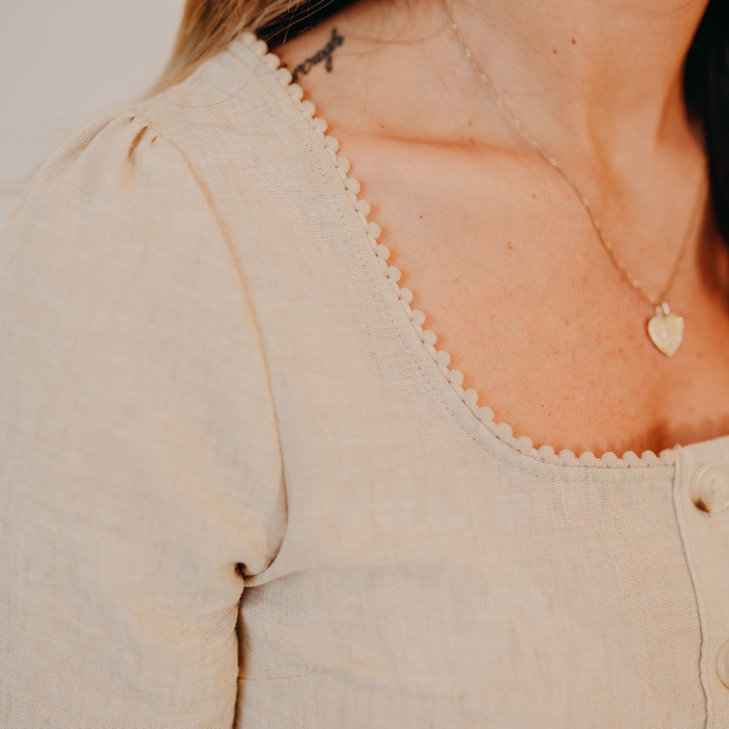 Gilli | Lace Trim Button Up Top | Oatmeal