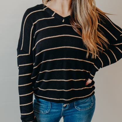 Blu Pepper | Striped V-Neck Drop Shoulder Top | Black