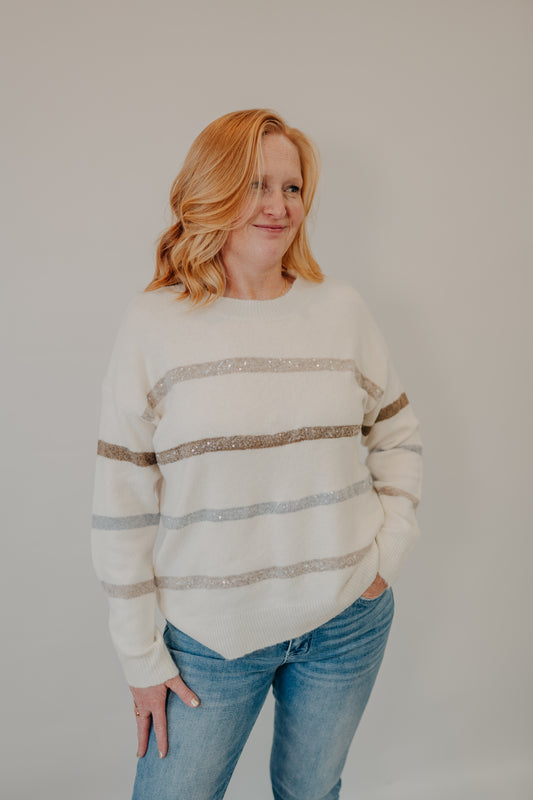 Staccato | Beaded Striped Pullover Sweater | Ivory