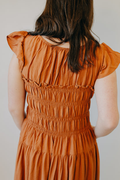 Blu Pepper | Shirred Bodice Ruffle Sleeve Midi Dress | Rust