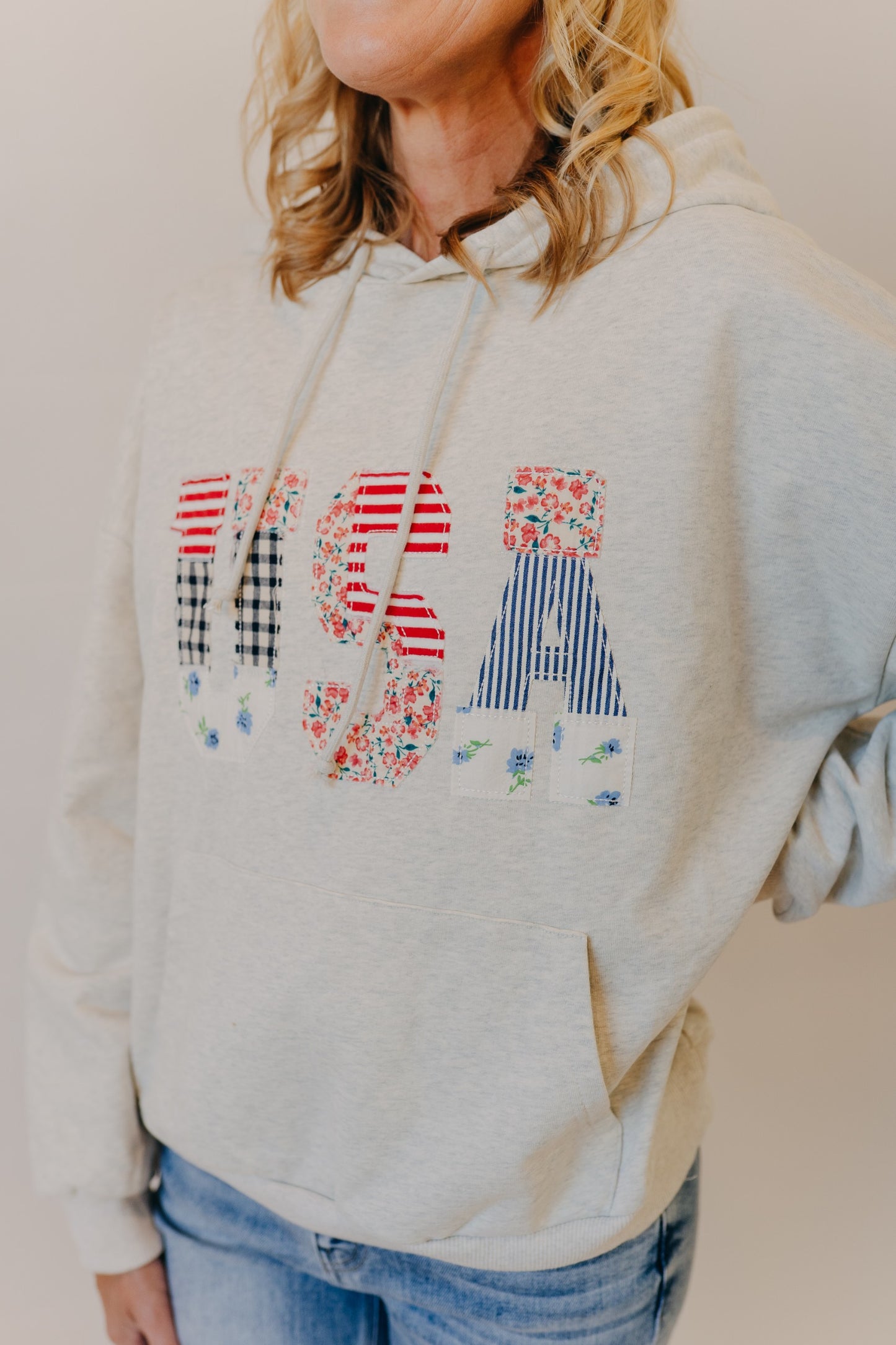 Miou Muse | USA Floral Patchwork Hoodie | Melange Grey
