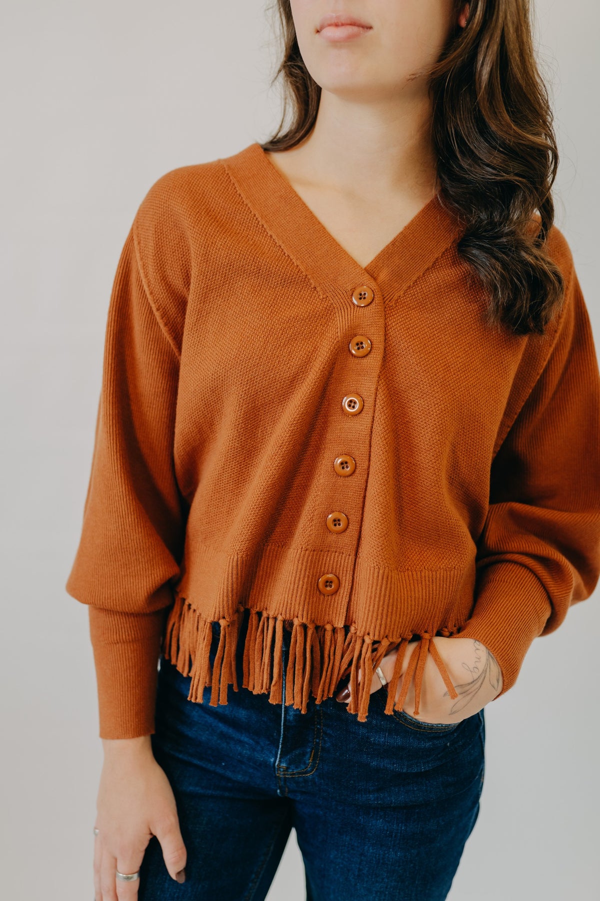 Staccato | Fringe Hem Button Down Cardigan | Dark Camel