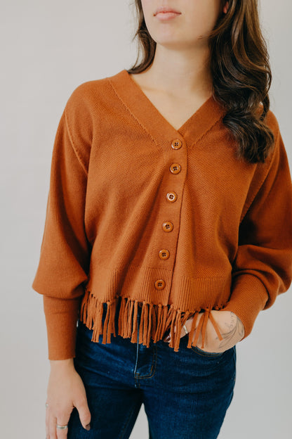 Staccato | Fringe Hem Button Down Cardigan | Dark Camel