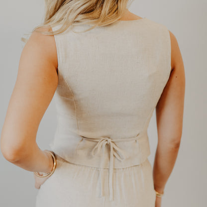 Blu Pepper | V-Neck Button linen Vest | Oatmeal