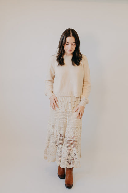 Doe & Rae | Crochet Floral Midi Skirt | Cream