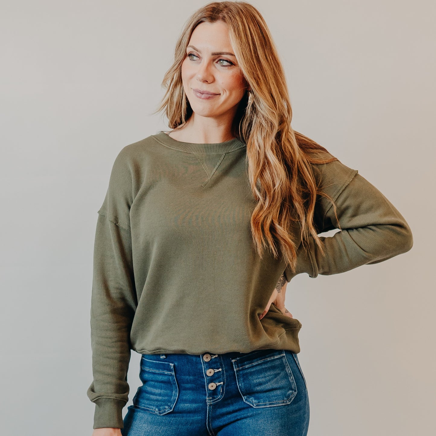 Staccato | Wide Neck Oversized Terry Top | Dk Green