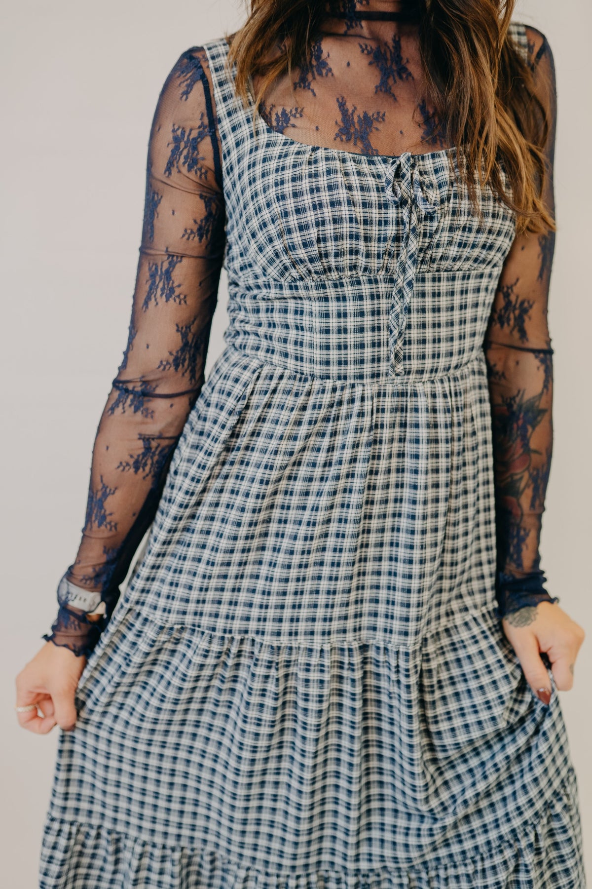 Blu Pepper | Plaid Corset Tiered Midi Dress | Navy