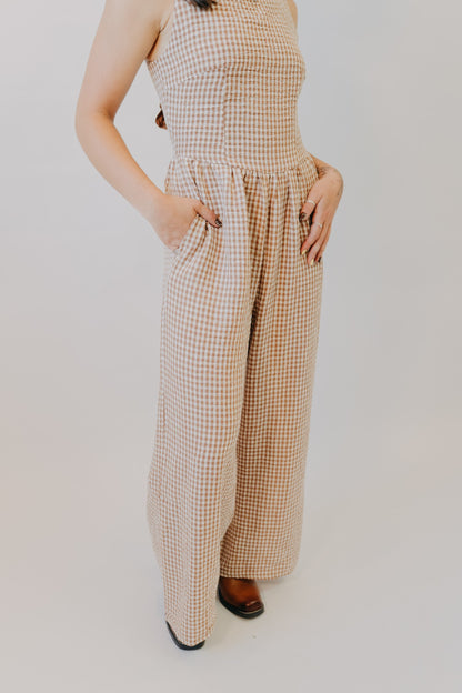 Miou Muse | Gingham Tie In Back Jumpsuit | Brown
