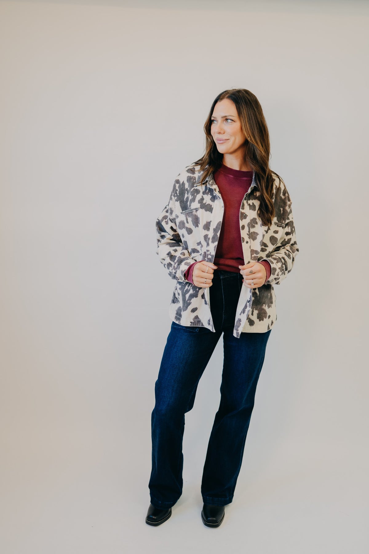 By Together | Rogue Cow Print Denim Jacket | Cream Chocolate