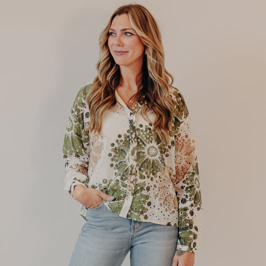 Doe & Rae | Floral Eyelet Blouse | Off White Green