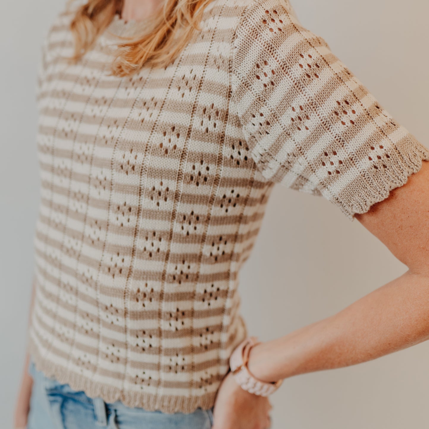 Doe & Rae | Scallop Edge Striped Top | Beige Ivory