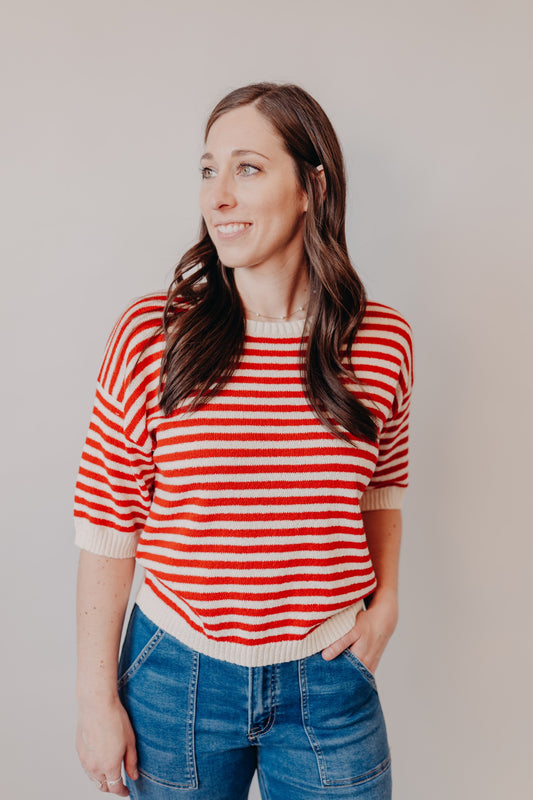 Blu Pepper | Striped Contrast Trim Knit Sweater | Red