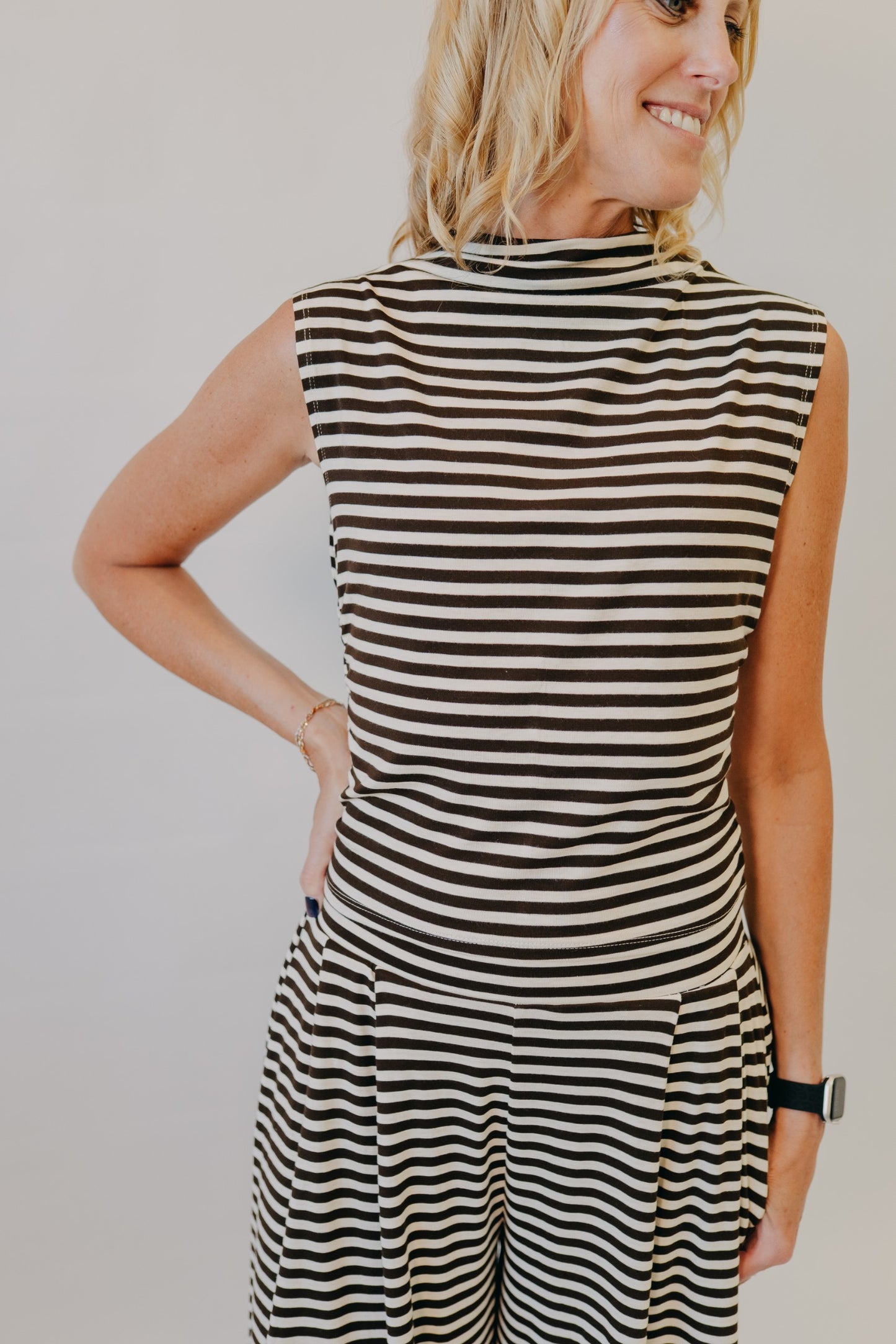 By Together | Fine Line Sleeveless Knit Top | Cream Brown
