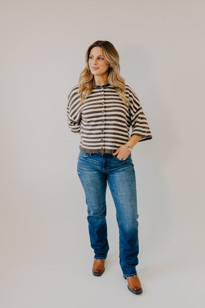 Blu Pepper | Striped Raw Edge Cardigan | Chocolate Brown