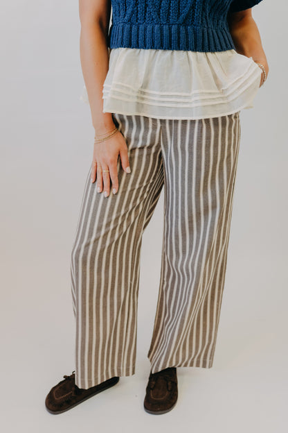 Blu Pepper | Stripe Waist Tie Linen Blend Pants | Dark Brown