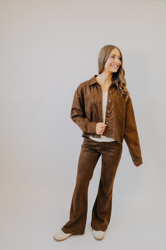 Hem & Thread | Faux Suede Embroidered Hem Pant | Chocolate