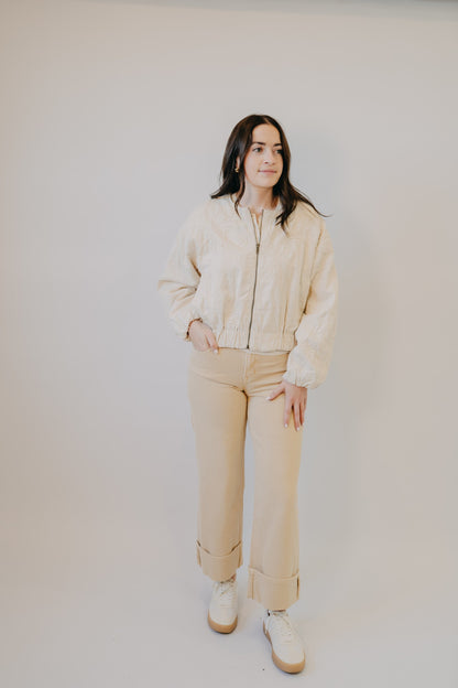 Miou Muse | Floral Jacquard Zip Up Jacket | Ecru