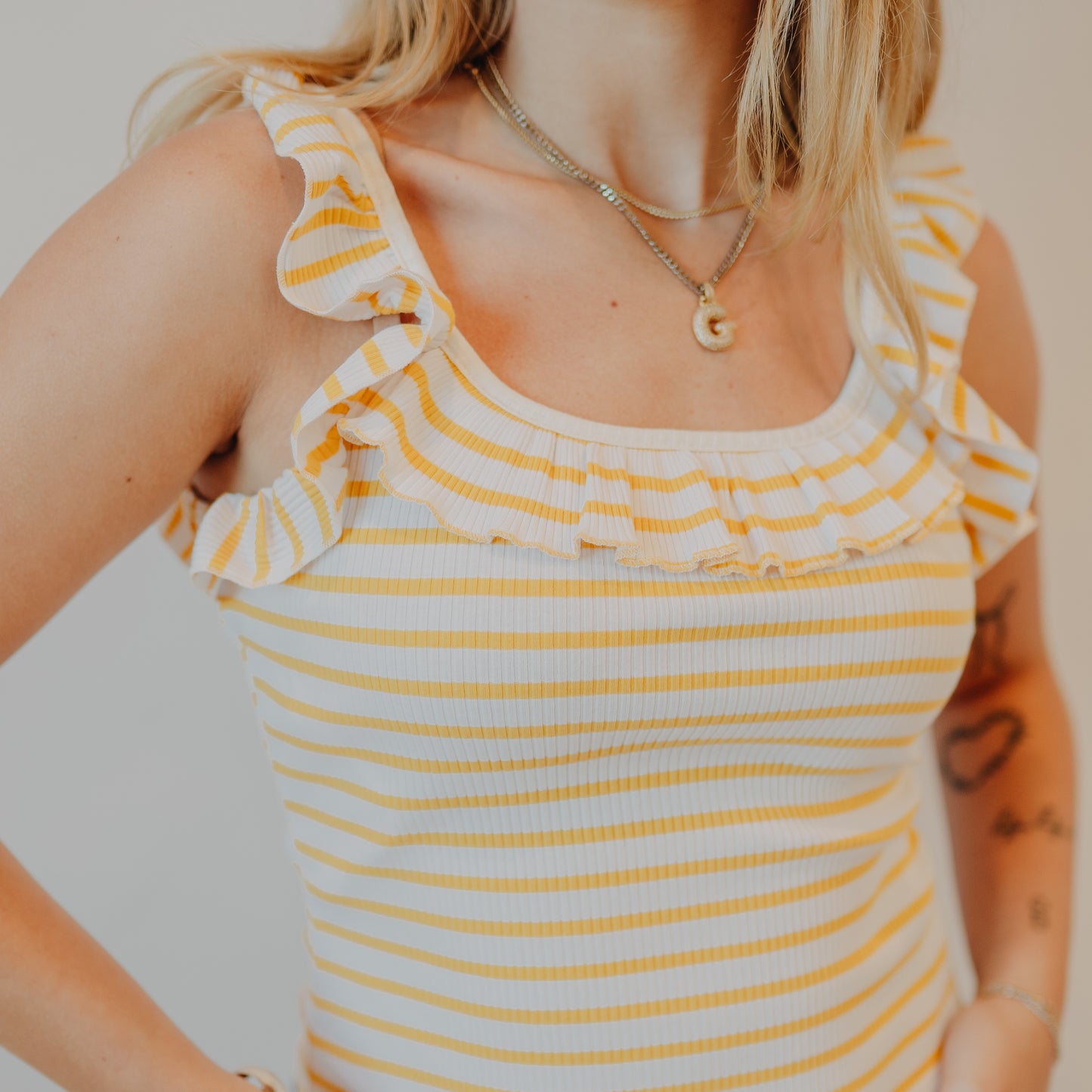 Doe & Rae | Stripe Square Neck Ruffle Tank | Off White Corn