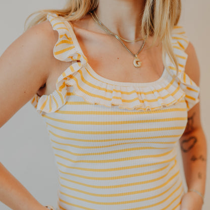 Doe & Rae | Stripe Square Neck Ruffle Tank | Off White Corn