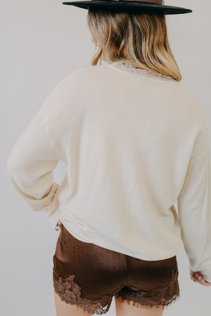 Miou Muse | Long Sleeve Lace Contrast Knit Top | Cream