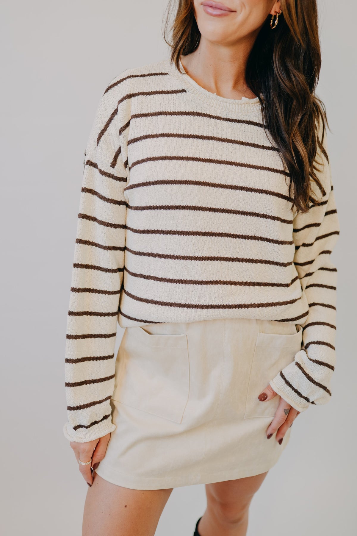 Blu Pepper | Striped Textured Raw Edge Sweater | Cream